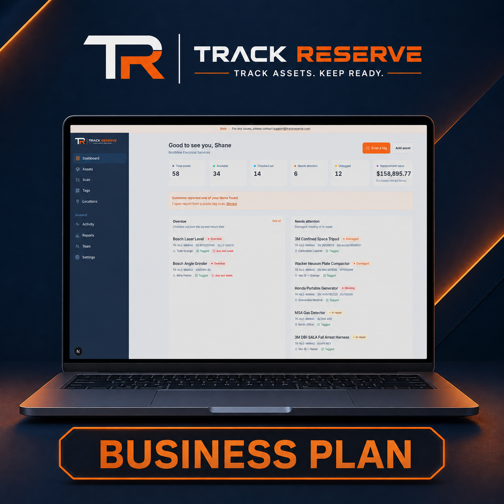 A laptop displaying the Track Reserve dashboard with a business plan page, set against a dark blue and black background with the text 'TRACK RESERVE' at the top and 'BUSINESS PLAN' on a badge at the bottom.