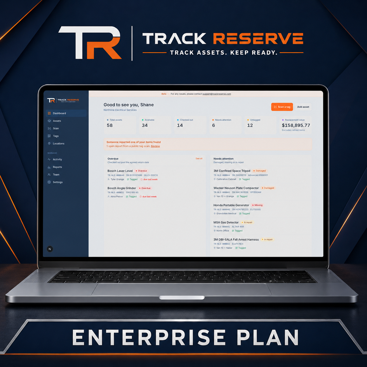 A laptop on a dark blue background displaying the Track Reserve dashboard, with the Track Reserve logo at the top and the words ENTERPRISE PLAN at the bottom.