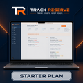 A promotional graphic for Track Reserve showing a laptop with the Track Reserve dashboard on screen, set against a dark blue background with orange accent lines. The text 'TRACK RESERVE' appears at the top, and a badge at the bottom reads 'STARTER PLAN'.