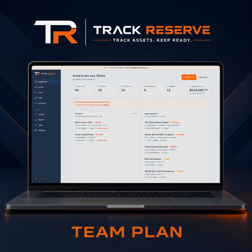 A laptop on a dark blue background displaying a software dashboard interface titled TRACK RESERVE, with the text 'TEAM PLAN' below it.